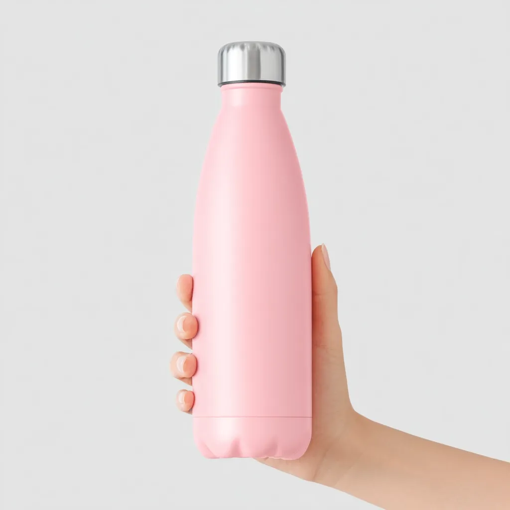A hand holds a pastel pink insulated water bottle against a light gray background. The bottle has a silver lid and a sleek, modern design.  It's perfect for carrying beverages on the go, keeping drinks cold or hot for extended periods. The image is clean and minimalist, highlighting the product's aesthetic appeal.