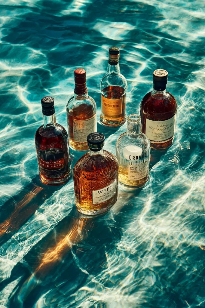 Six bottles of various amber-colored spirits float submerged in a turquoise swimming pool.  Sunlight filters through the water, creating shimmering reflections and highlighting the labels on the bottles.  The scene is serene and evokes a sense of summer luxury and relaxation.  The bottles appear to contain whiskey or other similar liquors.