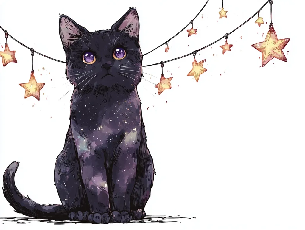 An illustration of a black cat with a galaxy-like pattern on its fur sits against a white background.  A string of glowing star-shaped lights hangs above it. The cat has large, expressive purple eyes and a serene expression. The style is whimsical and slightly dreamy, evoking a sense of wonder and magic.