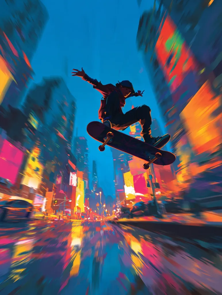 A vibrant digital painting depicts a skateboarder executing a daring midair maneuver above a bustling city street at night.  The skater is silhouetted against a backdrop of brightly lit skyscrapers and blurred motion, suggesting a sense of speed and energy.  Bold colors and dynamic brushstrokes create a powerful and exciting visual narrative.  The overall style is expressive and contemporary.