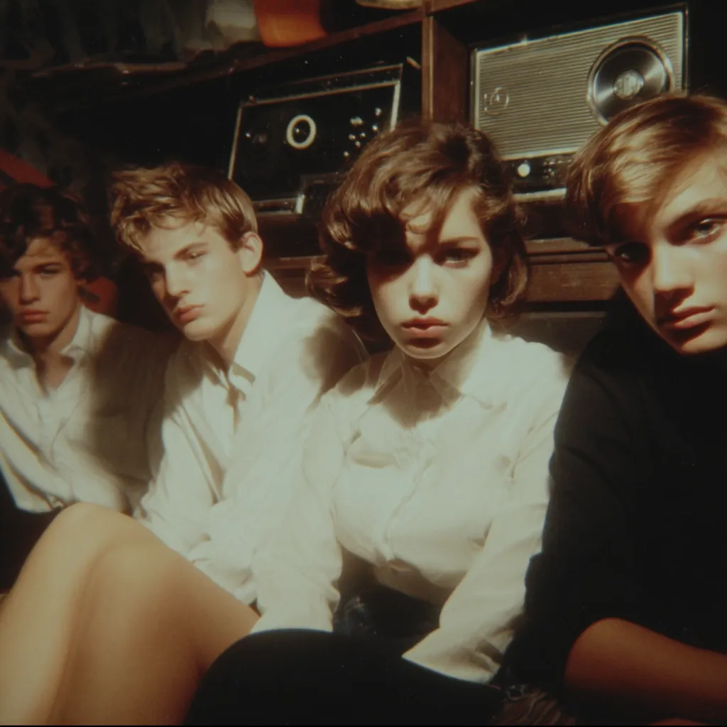 A vintage photograph shows four teenagers huddled together in a dimly lit room. Two young men in crisp white shirts flank a young woman in a similar shirt, her dark hair styled in a bouffant. Another young man with light hair sits beside her, dressed in dark clothing.  Old-fashioned radios are visible in the background, adding to the retro ambiance of the image.  The overall mood is one of pensive intimacy.