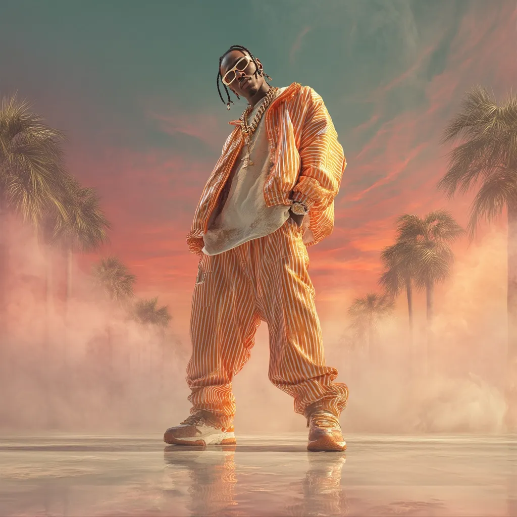 A stylish young man, clad in a vibrant orange striped tracksuit, gold chains, and sunglasses, strikes a confident pose.  The backdrop features a hazy, sunset-lit tropical scene with palm trees, creating a dreamy, almost surreal atmosphere. His attire and stance exude a hip-hop aesthetic.  The reflective surface beneath him mirrors the scene, adding to the image's overall dramatic effect.