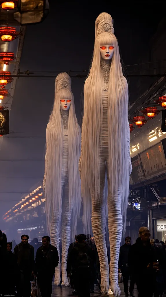 Two tall, slender figures with long, flowing white hair and glowing red eyes stand amidst a city street at night.  They are dressed in white, seemingly fabric-wrapped garments.  The background features a bustling street scene with people and illuminated lanterns, creating a stark contrast with the ethereal figures.  The overall atmosphere is surreal and slightly unsettling.