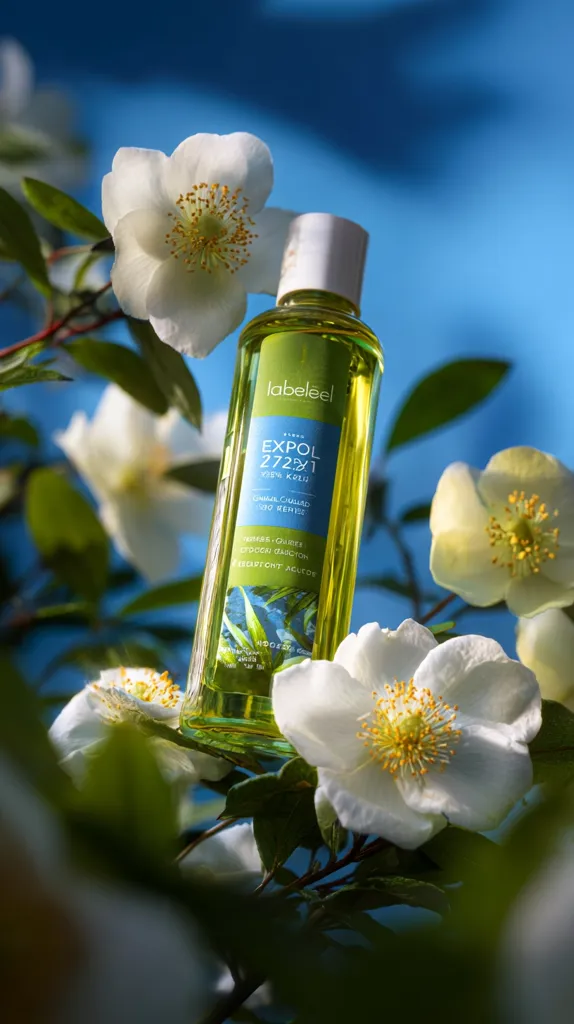 A bottle of Labeeleel Exfol 272x1 cleansing oil sits amongst vibrant white flowers against a bright blue sky. The bottle is clear, showcasing the yellow-green oil inside.  The label features text in a stylish font and highlights key ingredients. The overall image evokes a feeling of freshness and natural beauty.