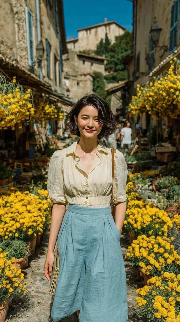A young woman with short dark hair smiles gently while standing on a sunny, flower-lined street in a charming European village. She wears a light beige button-down blouse and a light blue culottes skirt.  The buildings are ancient stone, and vibrant yellow flowers are abundant, creating a picturesque and cheerful scene.  She carries a small handbag.