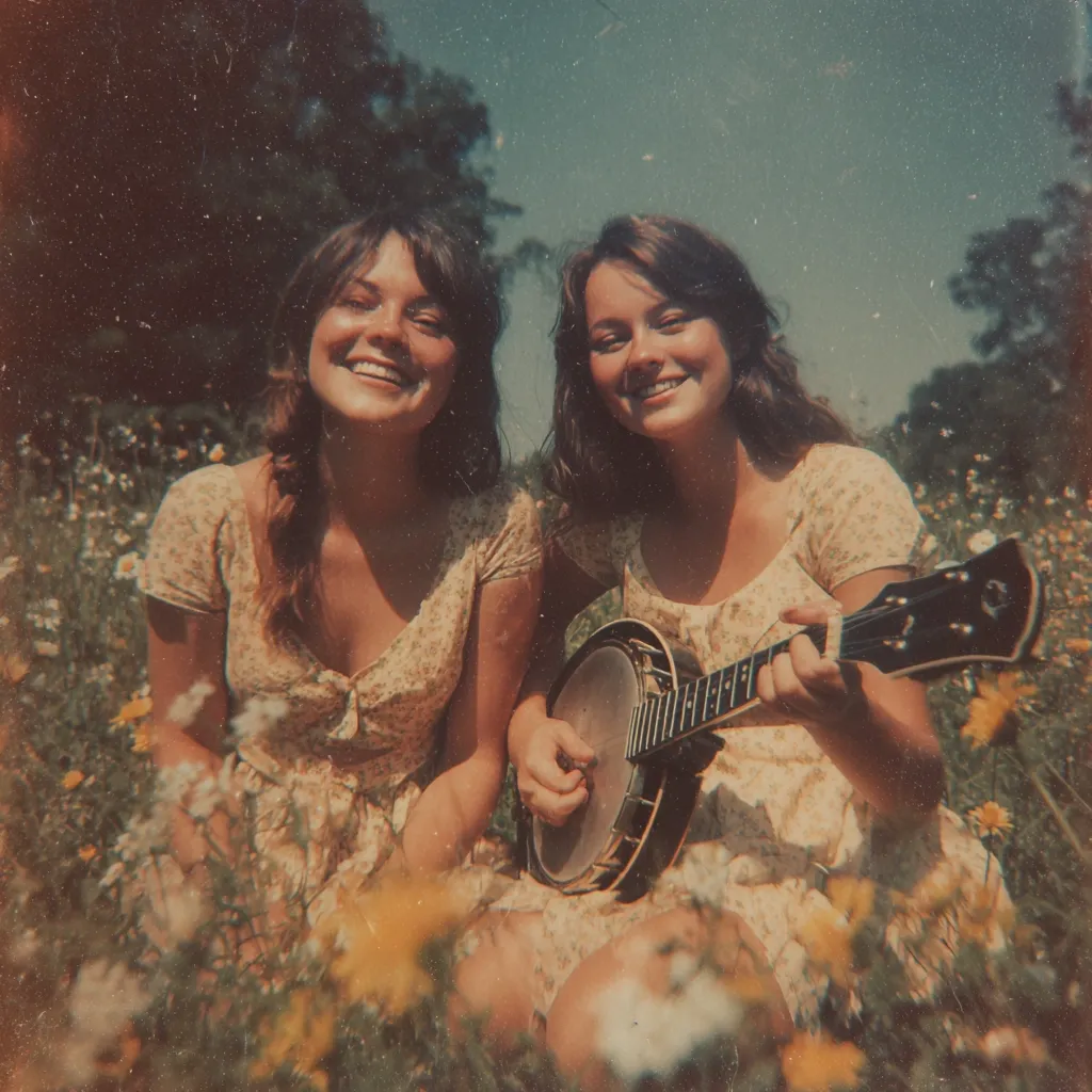 Two smiling twin sisters, dressed in matching yellow floral dresses, sit amidst a field of wildflowers.  One holds a banjo, creating a nostalgic, vintage-inspired scene reminiscent of a 70s photograph.  The image has a warm, sun-drenched quality, enhanced by a faded, textured filter. The overall feeling is one of carefree joy and sisterly connection.
