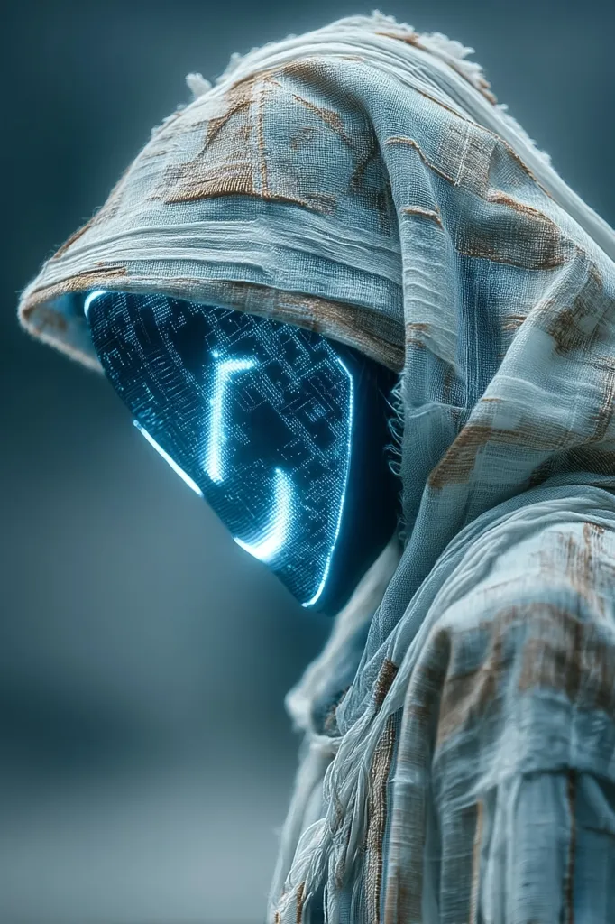A digital art piece depicts a figure cloaked in a light blue, tattered fabric hood.  The figure's face is obscured by a futuristic mask emitting a bright cyan glow, forming a stylized, almost smiling face. The overall aesthetic blends a mystical, hooded robe with advanced technology, creating a mysterious and enigmatic image. The background is a muted, blurred teal.