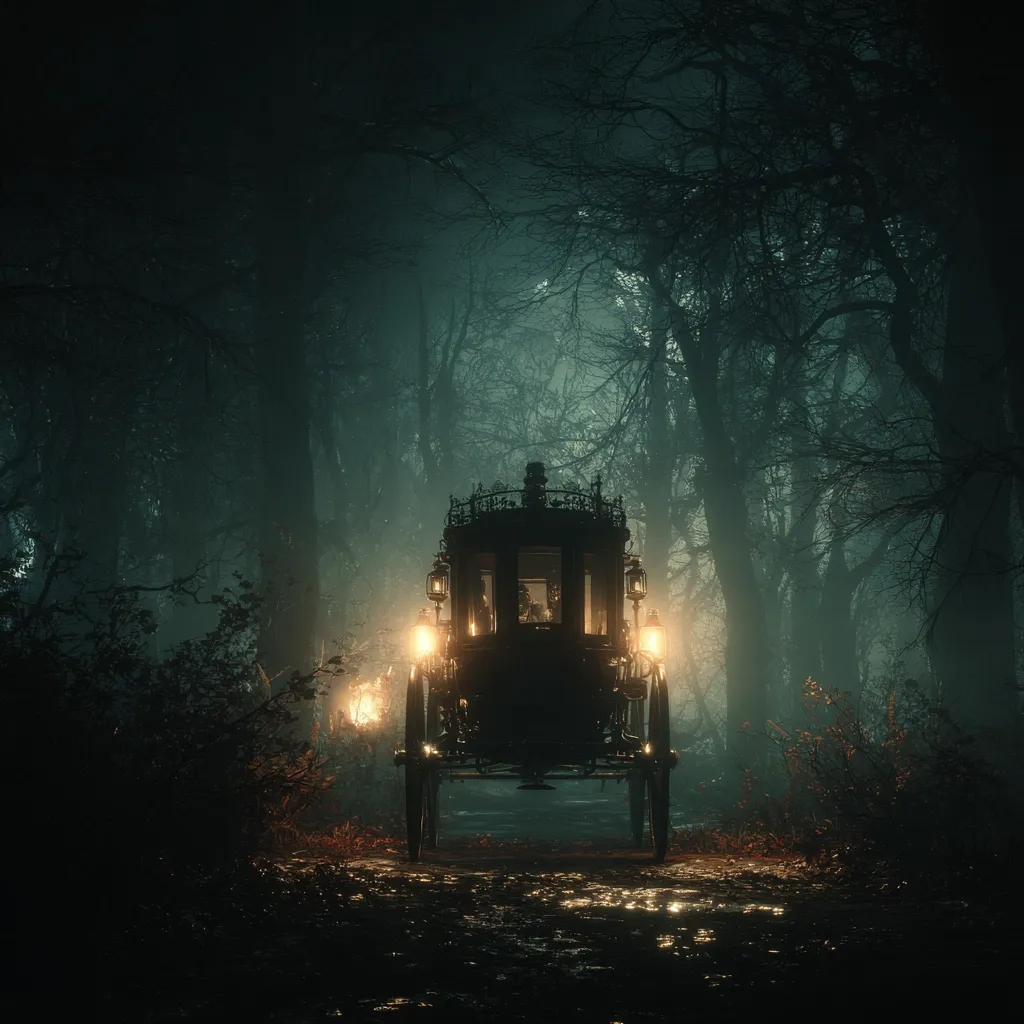 A dark, horse-drawn carriage, illuminated by lanterns, travels down a misty, wooded path at night.  The carriage is silhouetted against the ethereal glow, creating a mysterious and evocative scene.  Tall, bare trees line the path, adding to the gothic atmosphere. The overall mood is one of suspense and intrigue.