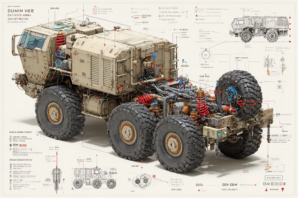 A detailed isometric illustration of a heavily armored, six-wheeled military vehicle, the "Dumim Hee," is presented.  The artwork showcases a cutaway view revealing the intricate internal mechanics and chassis.  Accompanying technical diagrams and specifications further enhance the image's technical detail, offering a comprehensive visual representation of the vehicle's design and construction.