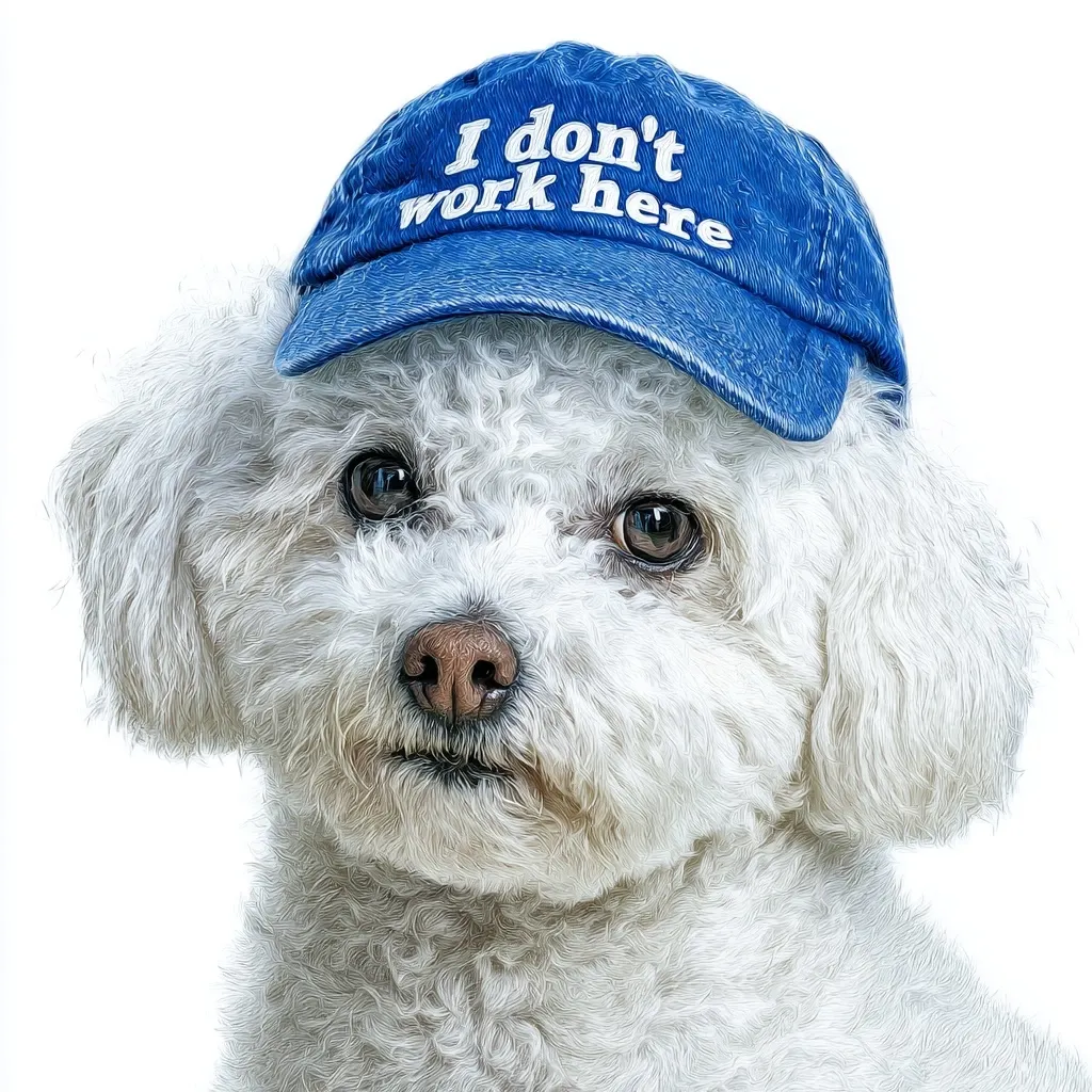 A fluffy white Bichon Frise dog wears a blue baseball cap.  The cap reads, "I don't work here" in white lettering. The dog looks directly at the camera with a serious expression.  The image is stylized, appearing almost painted.  The background is plain white.