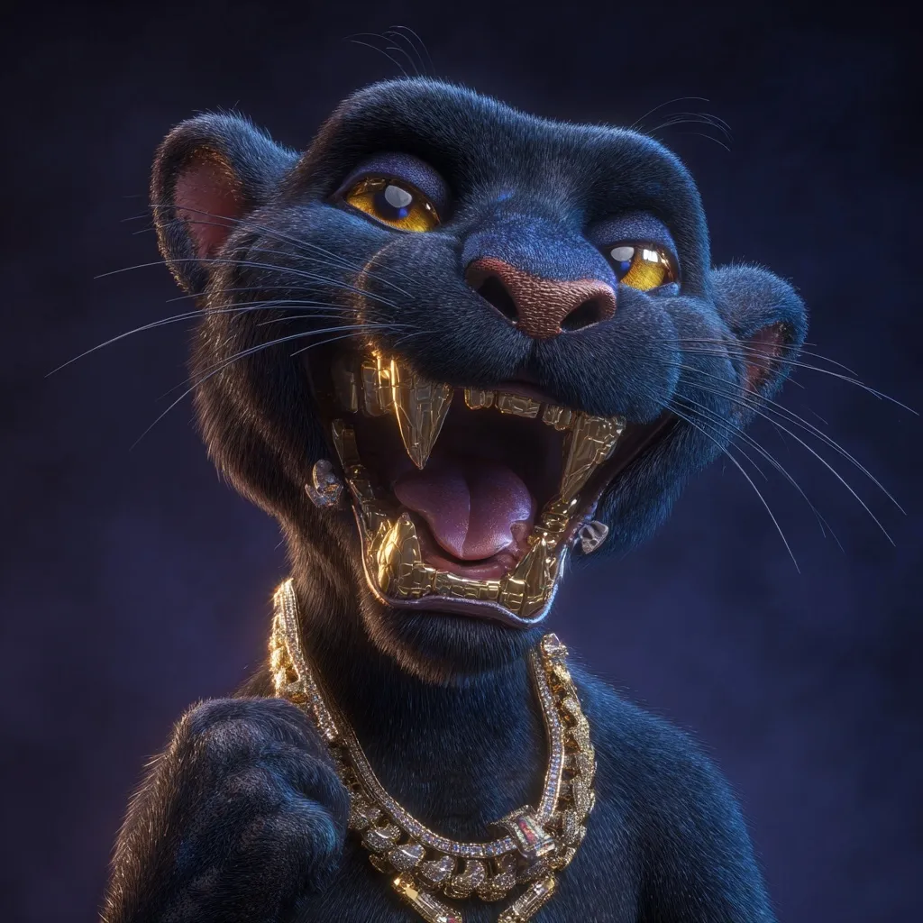 A stylized 3D rendering of a black panther with gold grills and a thick gold chain.  The panther's mouth is open in a wide, almost cartoonish grin, revealing its golden teeth. Its fur is dark and richly textured, and its eyes gleam with a bright, almost mischievous light. The overall effect is a blend of realism and playful exaggeration, creating a striking and memorable image.