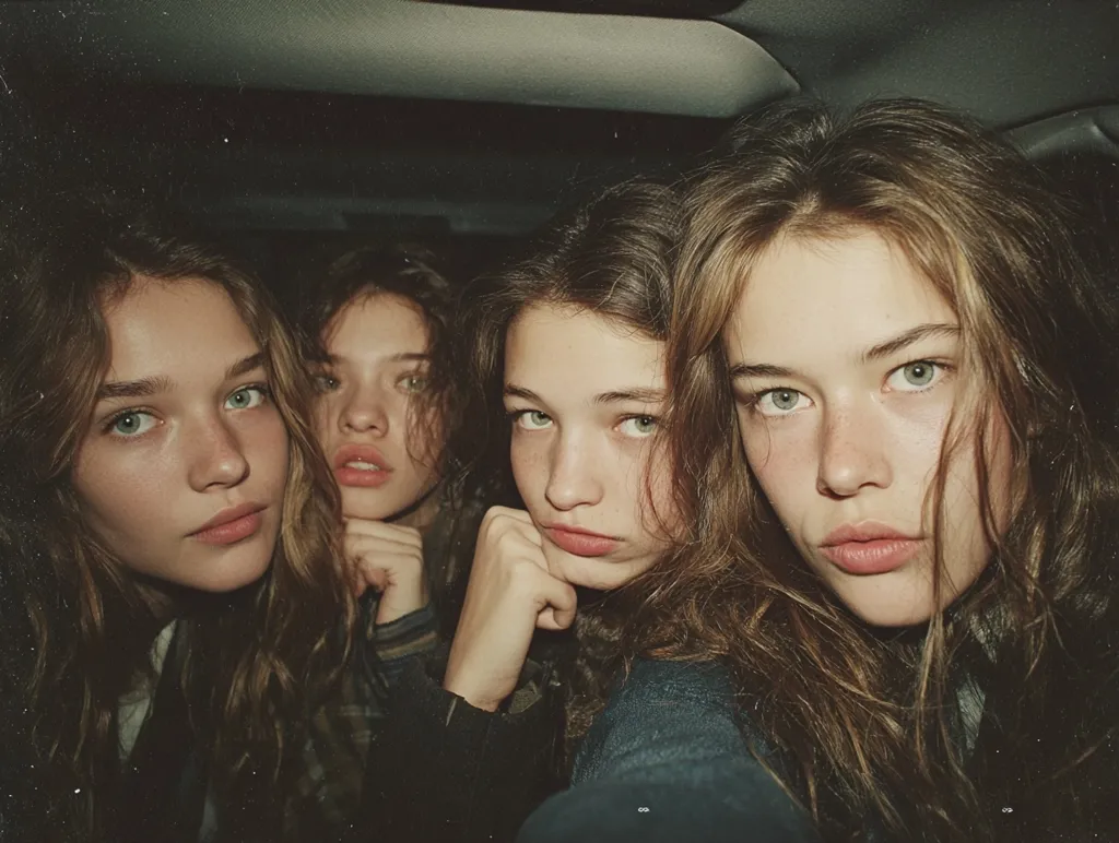 A close-up shot captures four young women with long, brown hair, nestled together in what appears to be a car.  Their faces are softly lit, highlighting their natural beauty and similar features.  They gaze directly at the camera, creating an intimate and candid moment. The overall aesthetic is moody and slightly vintage, enhanced by a muted color palette and slightly grainy texture.