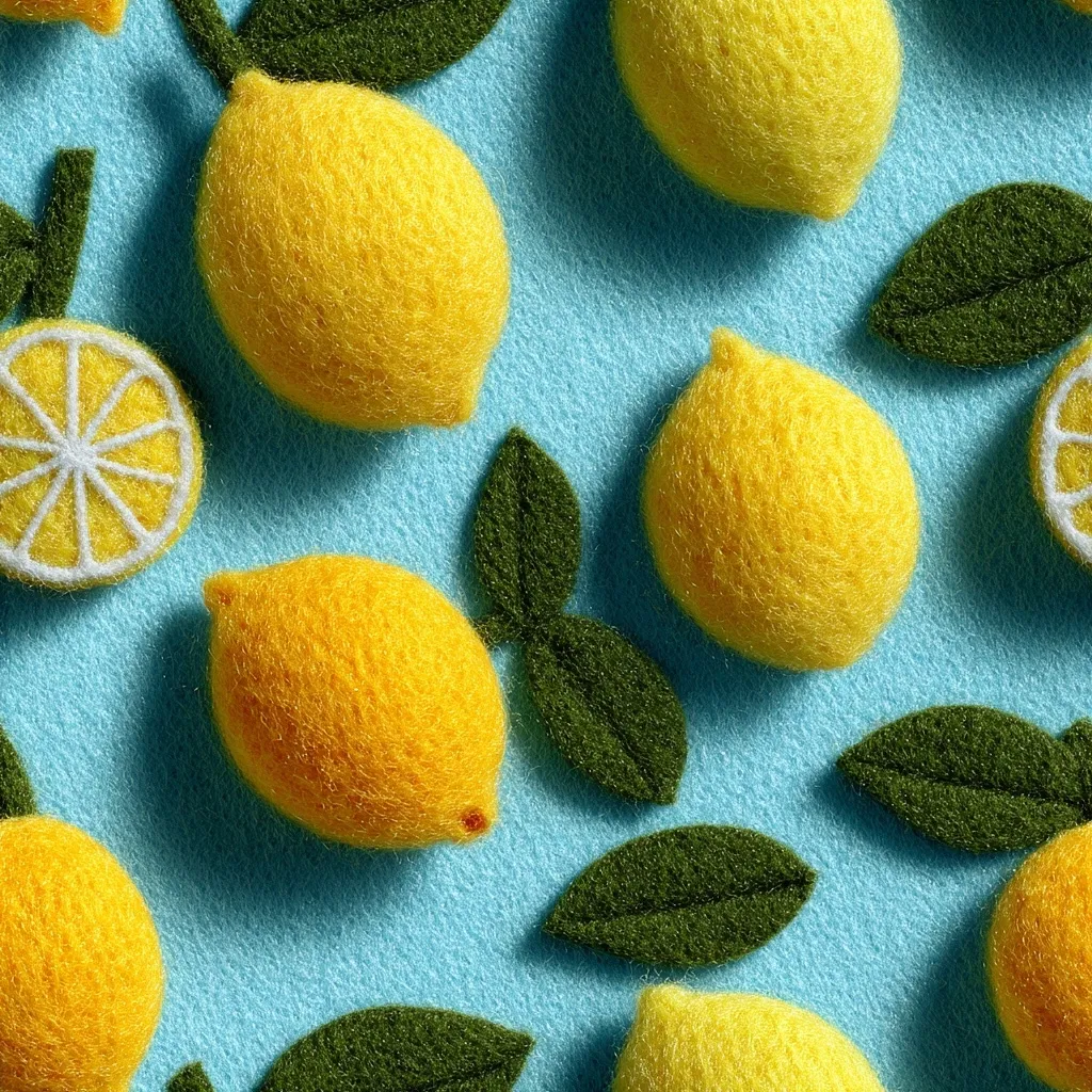 A vibrant flat lay showcases felt lemons and leaves arranged on a light blue background.  The lemons are a cheerful yellow, meticulously crafted with a fuzzy texture, and accompanied by dark green felt leaves.  A few lemon slices are interspersed, adding to the playful, handcrafted aesthetic of the scene.  The overall composition is bright and cheerful, suggesting a summery or citrus-themed design.
