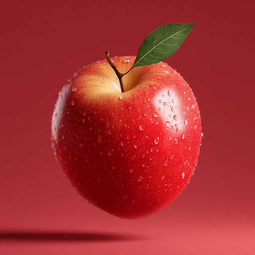 A vibrant red apple, glistening with water droplets, is captured against a matching crimson backdrop.  A single green leaf perches atop the stem, adding a touch of freshness. The apple appears ripe and juicy, its surface reflecting light.  The image is clean and minimalist, focusing on the apple's texture and color.