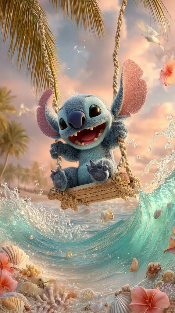 Stitch, the adorable blue alien, joyfully swings on a rope swing over a turquoise ocean wave.  Surrounded by tropical palm trees, seashells, and flowers, the scene evokes a serene, beach paradise.  The soft light and pastel colors create a dreamy, whimsical atmosphere.  Stitch's happy expression adds to the overall cheerful and heartwarming image.