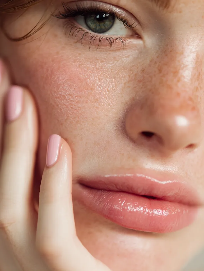 Close-up of a woman's face, highlighting her light skin, freckles, and light pink lipstick.  Her green eyes are partially visible, and her fingers, adorned with pale pink nails, gently touch her cheek. The image emphasizes natural beauty and flawless skin.