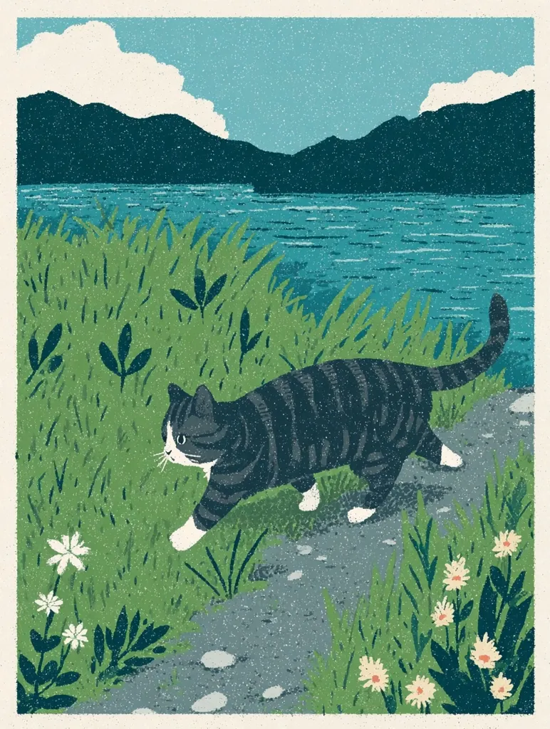 A tabby cat with white paws strolls along a path beside a tranquil lake. Lush green grass and wildflowers line the path, while mountains form a scenic backdrop under a partly cloudy sky. The illustration employs a textured, vintage style, creating a peaceful and idyllic scene. The cat appears alert and curious, enjoying the serene natural setting.