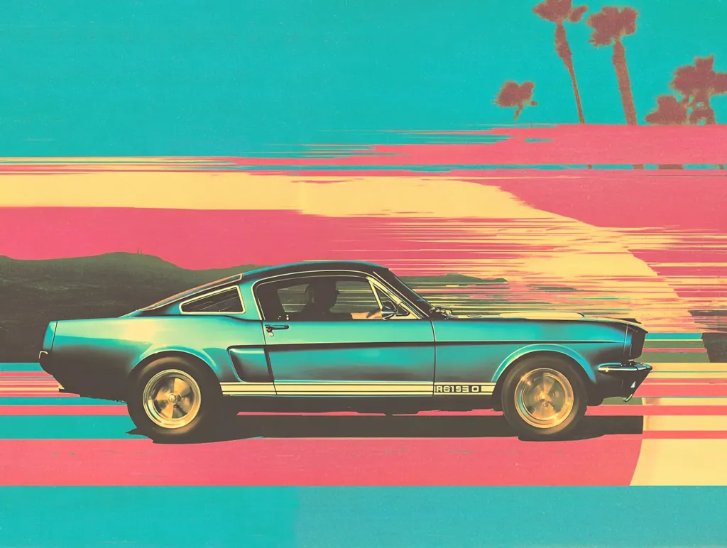 A teal Ford Mustang fastback speeds along a vibrant, stylized highway.  The background features a blurred, motion-effect landscape of pink and yellow stripes, contrasting with a turquoise sky and silhouetted palm trees. The car's speed is emphasized by the dynamic streaks of color, creating a retro-futuristic aesthetic.  The overall impression is one of dynamic energy and nostalgic coolness.