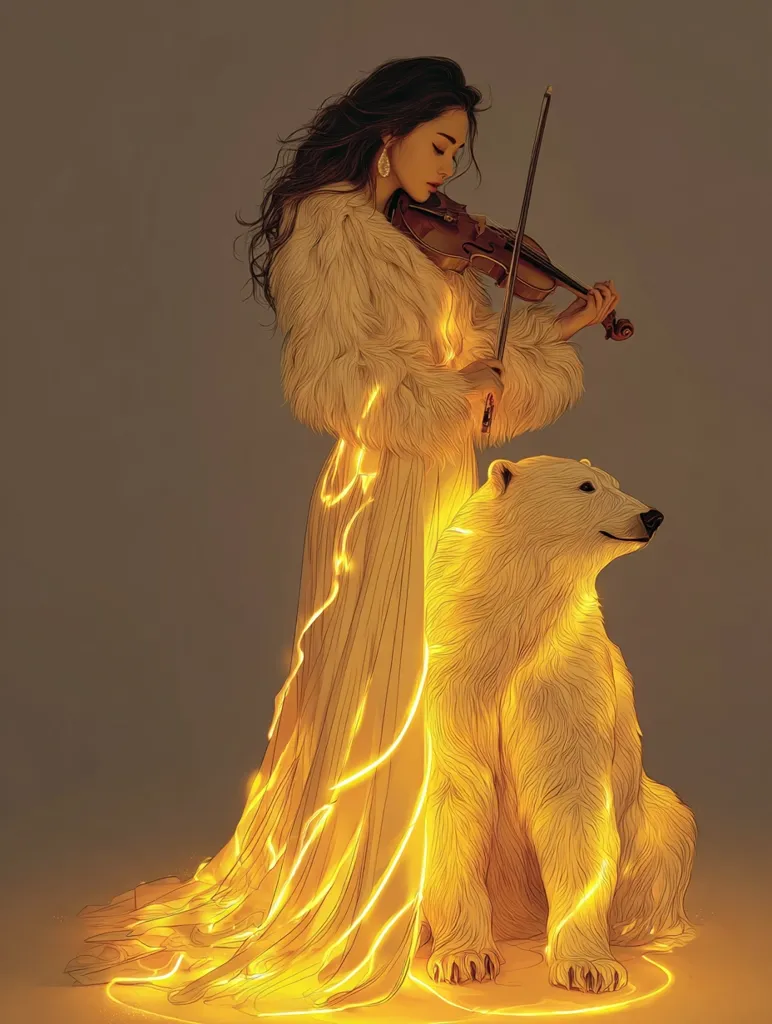 A woman in a flowing, fur-trimmed gown plays a violin.  Golden light traces the lines of her dress and outlines a polar bear seated beside her.  The scene is ethereal and dreamlike, suggesting a harmonious connection between the woman, the animal, and the magical glow.  The overall effect is one of serene beauty and mystical power.