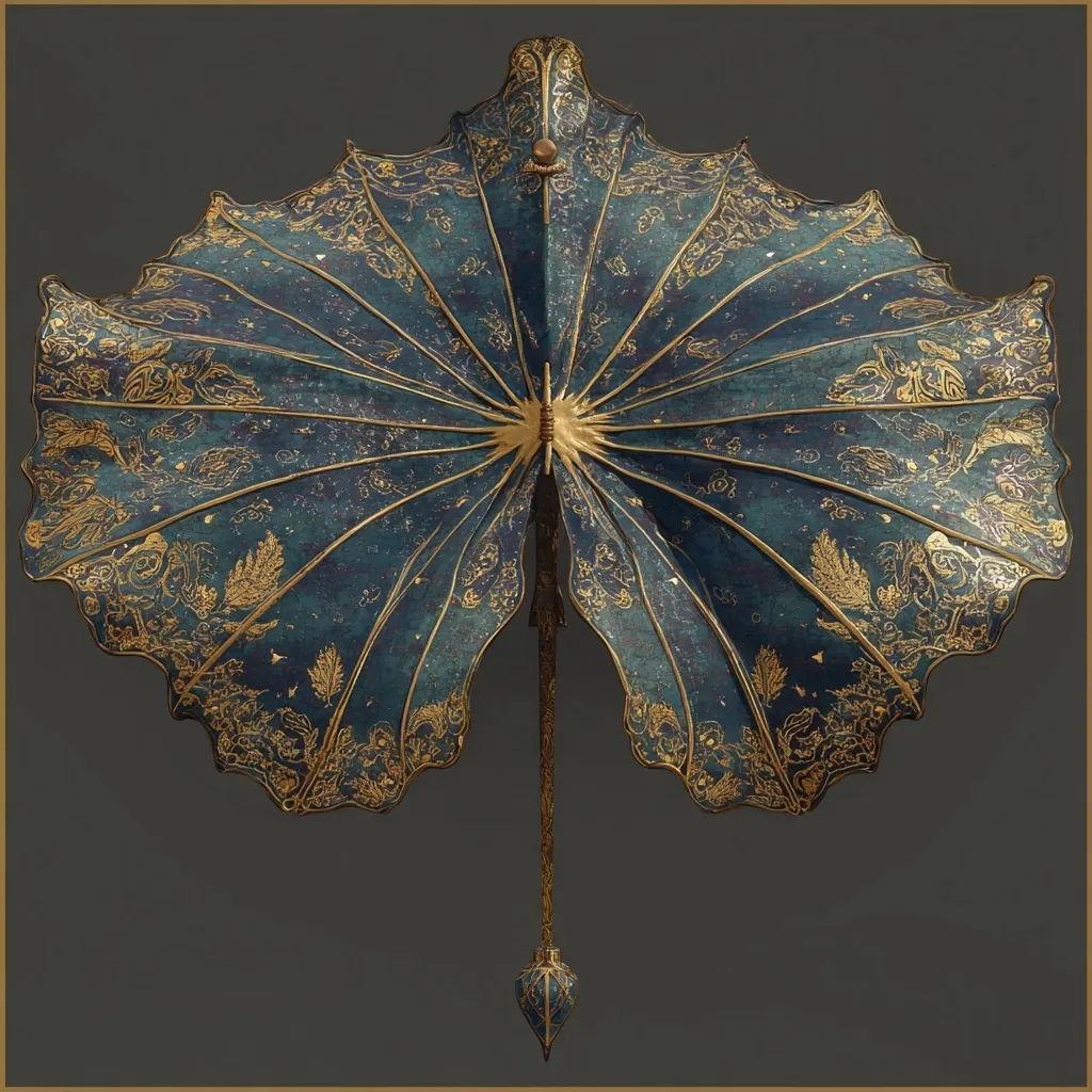 A meticulously crafted, ornate parasol unfolds against a muted gray backdrop.  Its teal surface is richly embellished with gold detailing, featuring intricate floral and possibly avian motifs.  The parasol's elegant design and luxurious materials suggest a piece of high artistry, possibly antique or inspired by historical styles.  The handle is slender, ending in a decorative finial.
