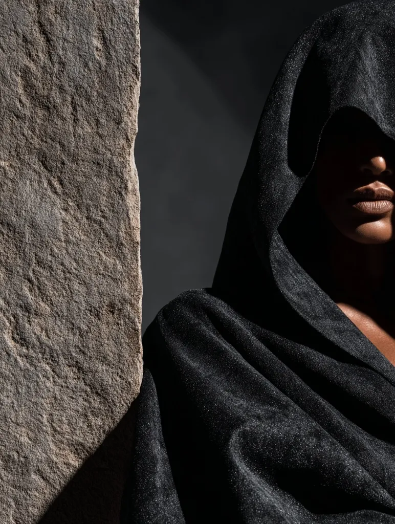 A close-up shot reveals a person shrouded in a dark, hooded cloak, their face partially obscured by shadow.  The texture of the cloak is subtly visible, contrasting with the rough surface of a large stone positioned beside them. The overall mood is mysterious and dramatic, emphasizing the contrast between the soft fabric and the hard stone. The image is stark, with dark tones dominating the scene.