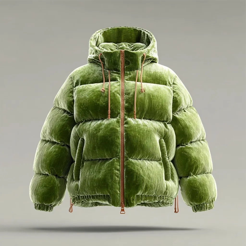 A green corduroy puffer jacket with a hooded neckline is showcased against a neutral gray backdrop.  The jacket features a light brown zipper and drawstring accents.  Its quilted design and plush material suggest warmth and comfort. The image is a clean, studio-style product shot, highlighting the texture and color of the garment.