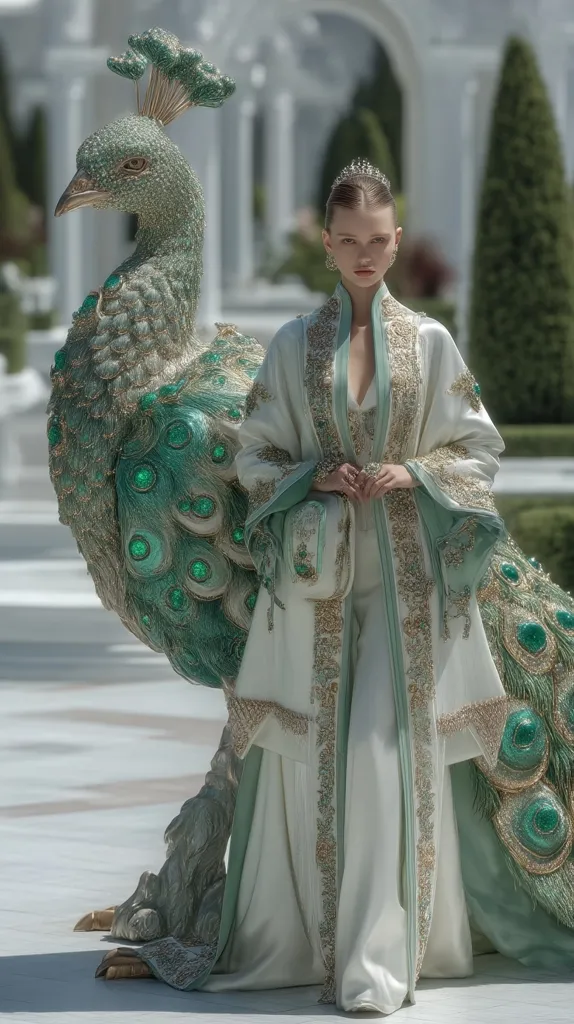 A model stands elegantly beside a large, ornate peacock sculpture.  She wears a flowing, off-white gown embellished with intricate gold and teal embroidery, mirroring the peacock's plumage.  The gown has long sleeves and a high collar, creating a regal and sophisticated look. The setting appears to be an outdoor space with classical architecture in the background.  The overall aesthetic is one of luxury and fantasy.