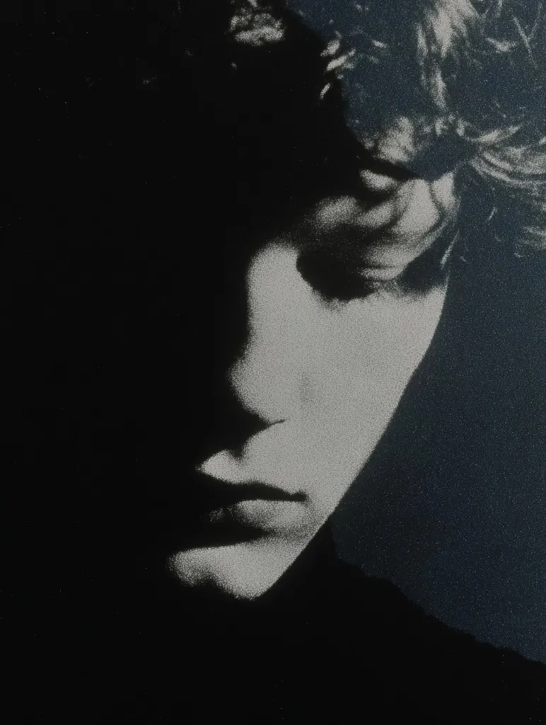 A black and white, close-up portrait of a person with curly hair.  The image is heavily shadowed on the left side of the face, leaving only the right half of the face and some of the hair clearly visible. The subject's expression is somber, their lips slightly downturned.  The grainy texture of the photograph adds to its moody atmosphere.