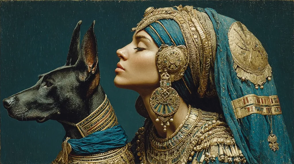A regal woman, adorned in elaborate gold jewelry and a teal headwrap, is depicted in profile.  She is positioned alongside a black dog, also wearing ornate gold adornments.  The painting evokes an ancient Egyptian aesthetic, with rich textures and a dark, moody background. The woman's expression is serene, and her gaze is directed slightly away.  The overall style is highly detailed and painterly, with a focus on luxurious materials and regal bearing.