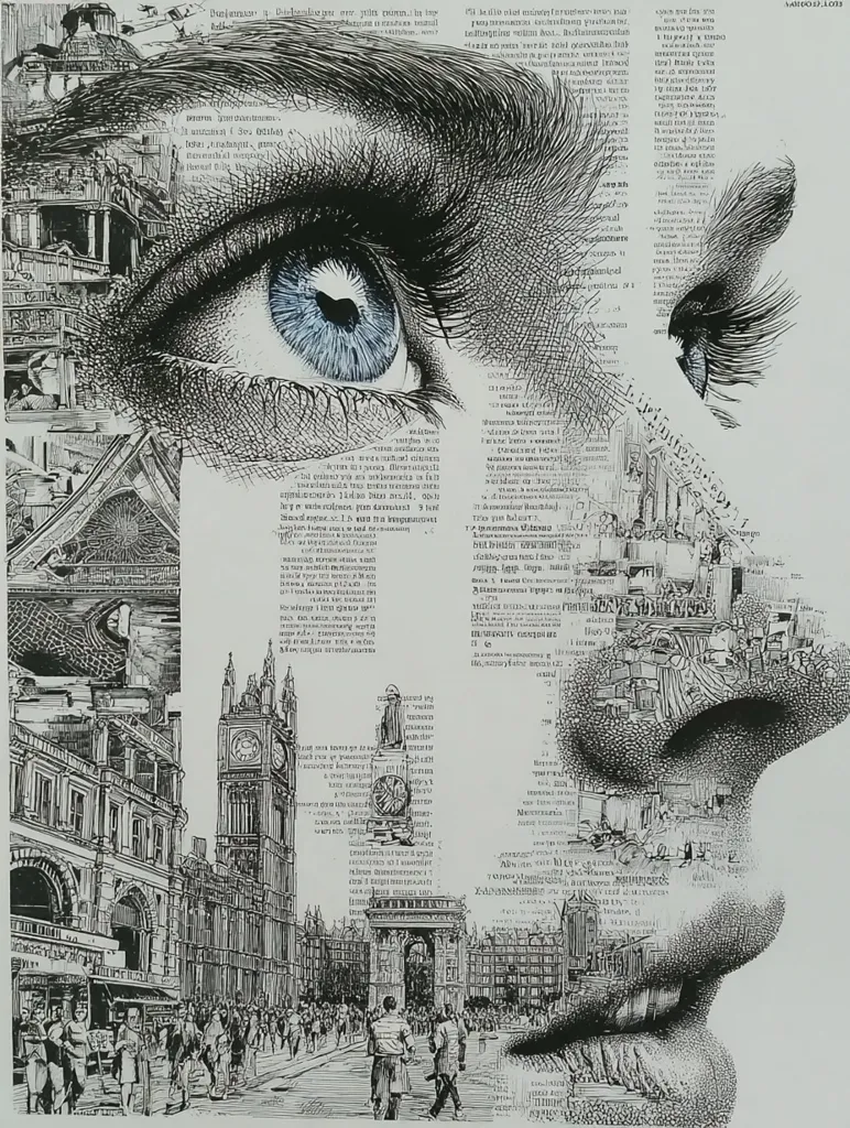 A striking black and white pen-and-ink drawing features a detailed eye, prominently displayed.  The eye is seamlessly integrated with a collage of London architecture, including Big Ben and the Houses of Parliament, overlaid on text.  The artwork's intricate detail creates a powerful visual juxtaposition of human anatomy and urban landscape, showcasing the artist's skill in creating a complex, layered image.