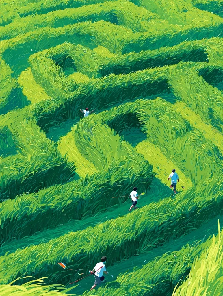 An aerial view shows a vibrant green maze carved into a tall grass field.  Four individuals are navigating the labyrinthine paths, their small figures contrasting against the lush landscape.  The maze's intricate design and the bright green of the grass create a striking visual.  The scene suggests a playful exploration or a challenging journey through a natural obstacle course.