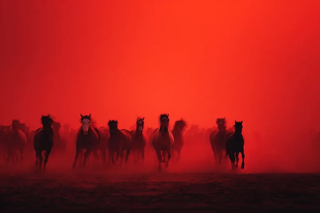 A herd of horses runs across a barren landscape at sunset.  The intense red light casts long shadows, silhouetting the animals against the fiery sky. Dust rises around their hooves as they gallop, creating a dynamic and powerful image.  The scene evokes a sense of freedom and wildness.