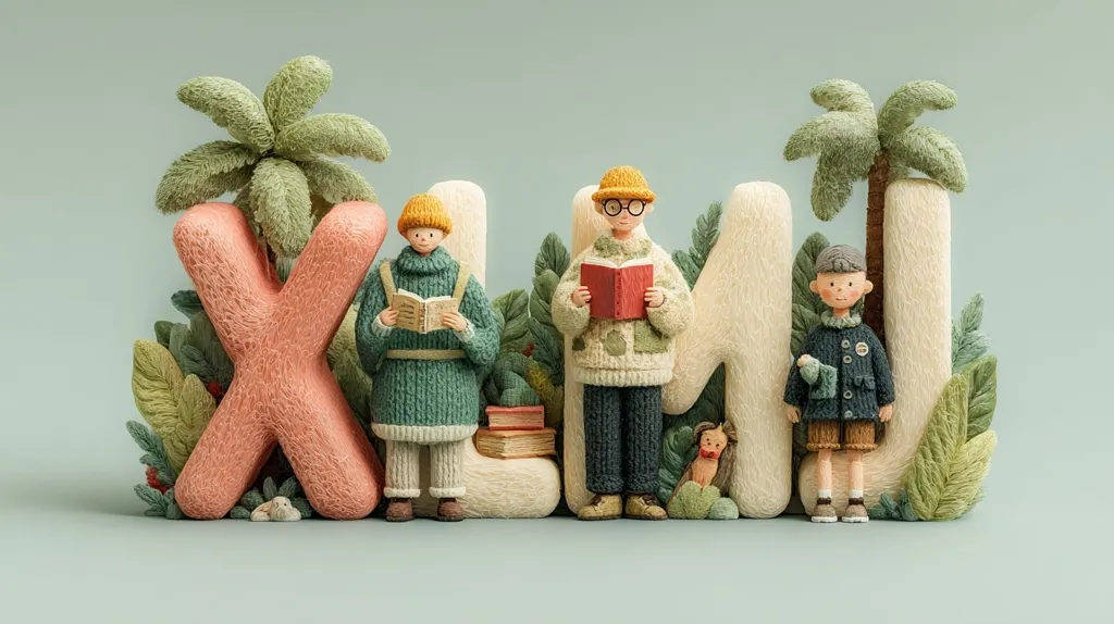 A charming 3D illustration depicts the letters XLM formed from textured, yarn-like material.  Three cute, knitted characters stand between the letters, each holding a book.  They are surrounded by miniature palm trees and lush foliage, creating a whimsical, cozy scene. The overall aesthetic is soft, pastel, and inviting.