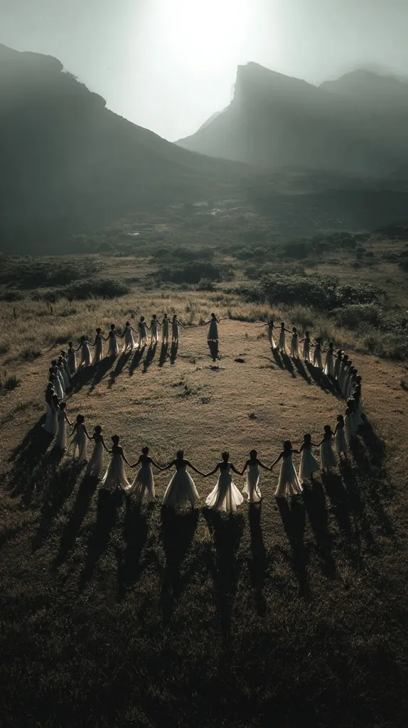 An aerial shot captures a large group of women in flowing white dresses forming a circle in a grassy field.  They stand hand-in-hand, creating a striking visual against the backdrop of hazy, mountainous terrain under a bright, possibly late afternoon, sun.  A single woman stands at the center of the circle, adding a focal point to the scene. The overall mood is serene and evocative.