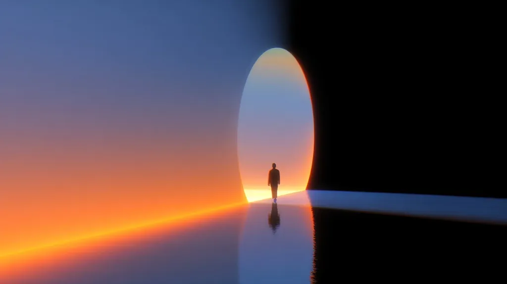 A lone figure walks towards a large, oval-shaped portal. The portal glows with soft, pastel colors, contrasting against a vibrant sunset.  The scene is surreal and dreamlike, evoking a sense of journey and transition between darkness and light. The figure's silhouette is stark against the luminous backdrop.  The overall mood is one of peaceful contemplation and hopeful anticipation.
