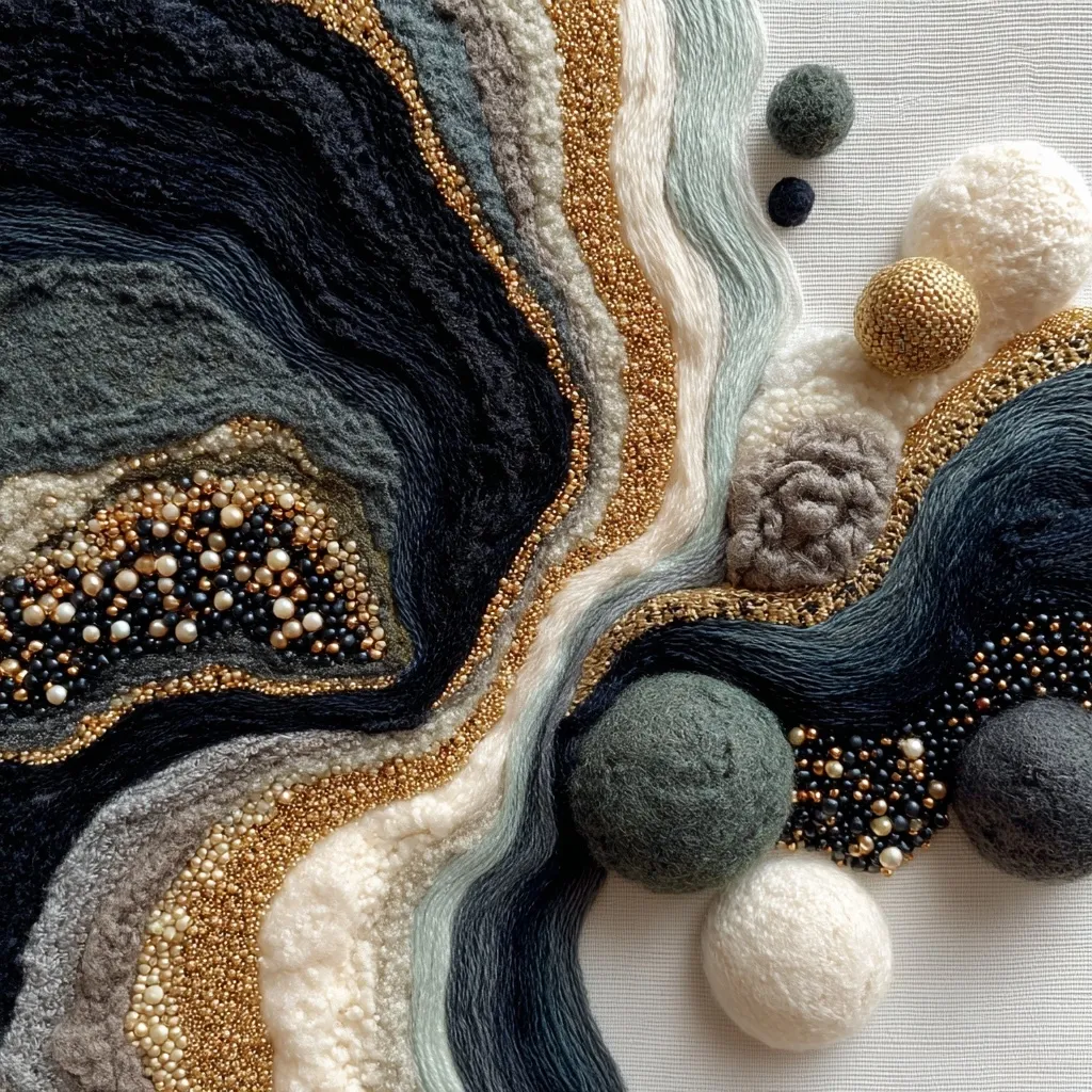 A captivating textile artwork showcases a mesmerizing abstract landscape.  Layers of meticulously embroidered wool in varying shades of grey and black create a flowing, agate-like effect.  Gold beads and pearls are strategically interspersed, adding shimmer and depth.  Small, textured wool balls and spheres in coordinating colors enhance the three-dimensional quality of this unique piece.