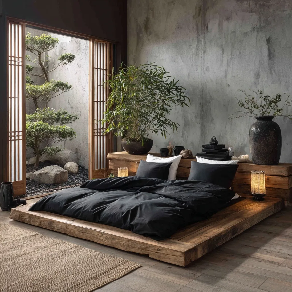 A serene bedroom features a low wooden platform bed with black linens, illuminated by warm bedside lamps.  A large potted bamboo plant and a dark vase with branches add to the minimalist, zen-like atmosphere.  Sliding shoji-style doors open to a tranquil Japanese garden visible through the large window.  The room's aesthetic is grounded in natural materials and earthy tones.