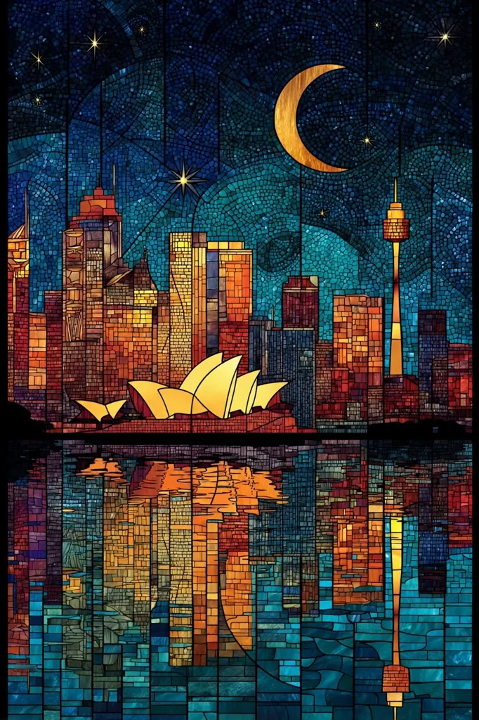 A stunning mosaic artwork depicts the Sydney skyline at night. The Sydney Opera House is prominently featured, reflected in the dark waters below.  Warm, orange and gold tones of the city buildings contrast against a cool, deep blue night sky speckled with stars and a crescent moon. The style mimics a stained-glass window, with intricate details in each tiny piece of the mosaic. The overall effect is a vibrant and captivating urban nightscape.