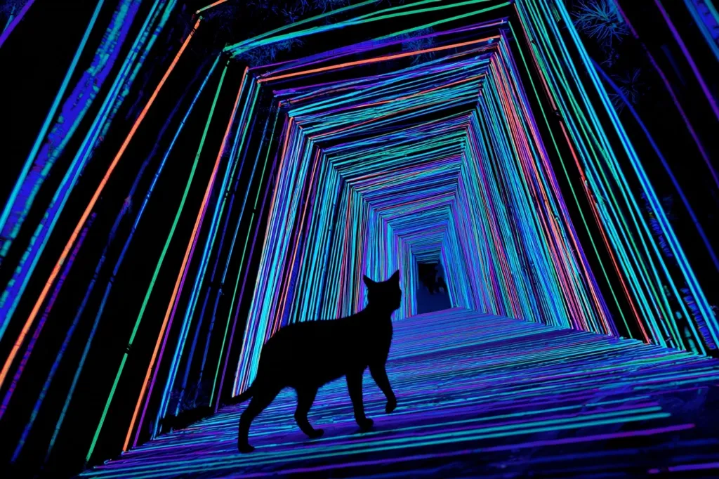 A black cat stands silhouetted against a vibrant, neon-lit tunnel.  The tunnel is constructed of numerous multicolored vertical lines converging in the distance, creating a mesmerizing perspective.  The contrasting darkness of the cat and the bright, saturated colors of the tunnel create a striking visual effect. The scene evokes a sense of mystery and intrigue.