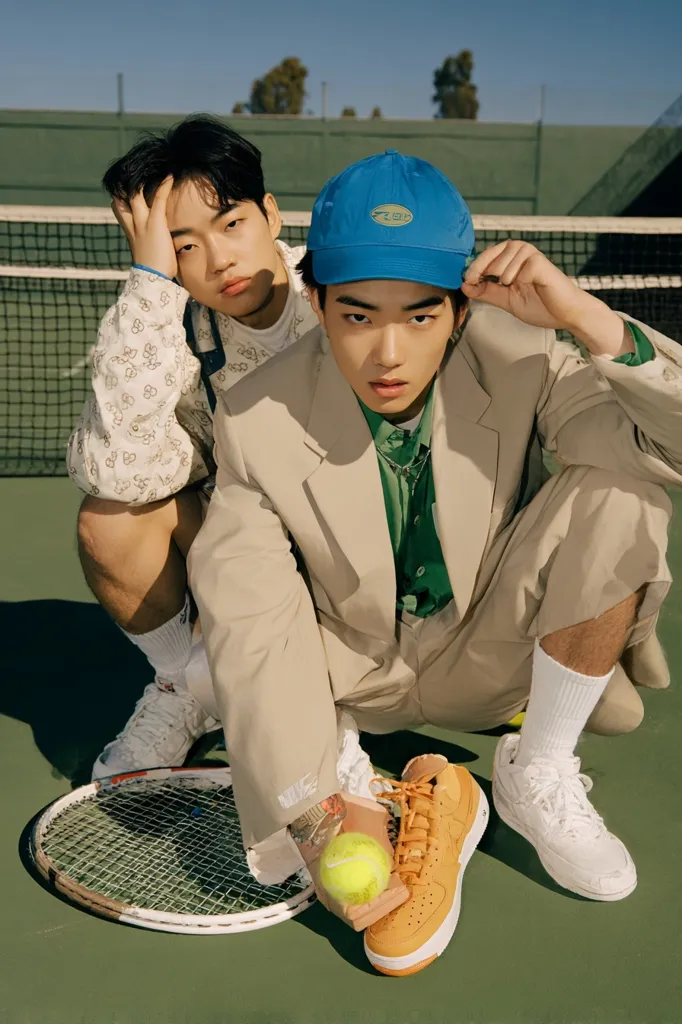 Two young Asian men are stylishly posed on a tennis court.  One sits wearing a beige suit, blue cap, and orange Nike sneakers, holding a tennis ball. The other, wearing a cream patterned shirt and white sneakers, sits beside him, hand on his head.  Both exude a relaxed, fashionable air, capturing a blend of athletic and streetwear aesthetics.  A tennis racket lies on the court between them.