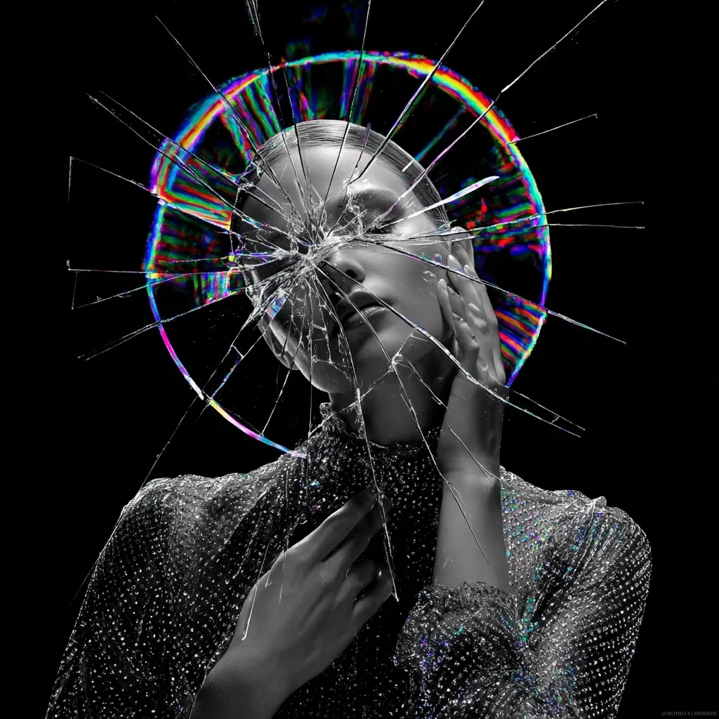 A monochromatic portrait of a woman, her face partially obscured by a shattered pane of glass.  A vibrant, iridescent halo encircles her head, contrasting sharply with the grayscale image.  Her hands gently caress her face, conveying a sense of fragility and vulnerability. The glittering texture of her clothing adds to the overall ethereal and melancholic mood.
