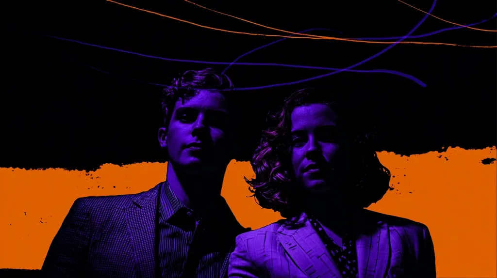 A stylized portrait of a man and a woman, rendered in shades of purple and set against a vibrant orange and black background.  The image features dynamic orange and purple light streaks across the top, adding a dramatic, almost surreal quality. The man wears a suit, and the woman a jacket, both appearing serious and composed. The overall aesthetic is dark, moody, and visually striking.