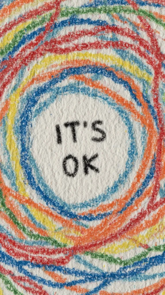 A vibrant, colorful rainbow swirl created with crayons on a white, powdery surface.  In the center, the words "IT'S OK" are written in simple black lettering.  The image conveys a message of comfort and acceptance, using cheerful colors to offset the slightly melancholic phrase.