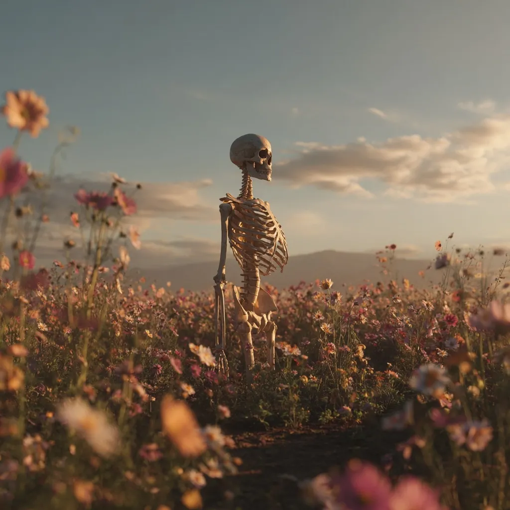 A complete human skeleton stands amidst a vibrant field of wildflowers, bathed in the warm glow of the setting sun. The serene scene presents a juxtaposition of life and death, the colorful blossoms contrasting with the stark bone structure. The skeleton appears to gaze contemplatively at the distant horizon, creating a poignant and surreal atmosphere. The image evokes themes of mortality and the beauty found in the cycle of life.