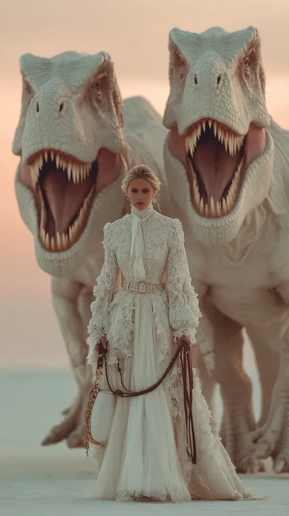 A woman in a flowing, white lace gown stands between two large, white Tyrannosaurus Rex dinosaurs. The setting appears to be a desolate, sandy landscape under a soft, dusky sky.  The dinosaurs are positioned on either side, framing the woman, who carries a small, ornate handbag and a long leather strap. The overall image is surreal and contrasts elegance with prehistoric might.