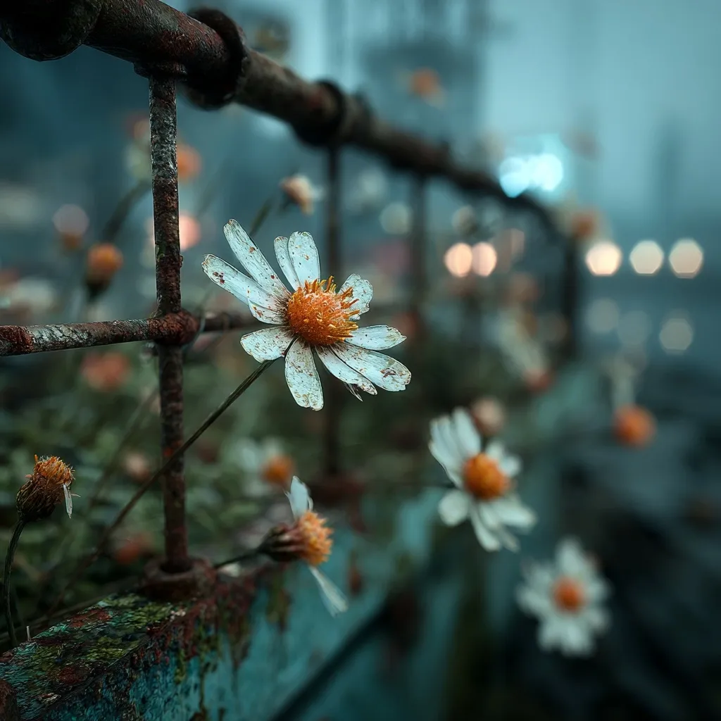 A delicate white daisy with an orange center blooms amidst a blurred background of similar flowers.  The daisy is prominently featured, growing through a rusty, weathered metal fence. The overall mood is somber and slightly melancholic, enhanced by the muted color palette and out-of-focus background. The scene suggests a sense of resilience and quiet beauty in a somewhat desolate setting.