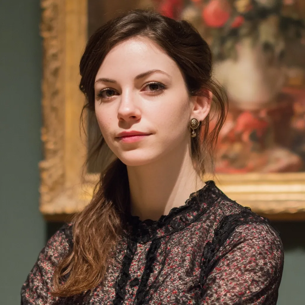 A young woman with shoulder-length brown hair, styled in a loose updo, gazes directly at the camera. She wears a dark, sheer blouse with a ruffled collar and small, ornate earrings.  The background features a large, ornate gold-framed painting, subtly blurring into a soft focus. The overall impression is one of quiet elegance and artistic contemplation.