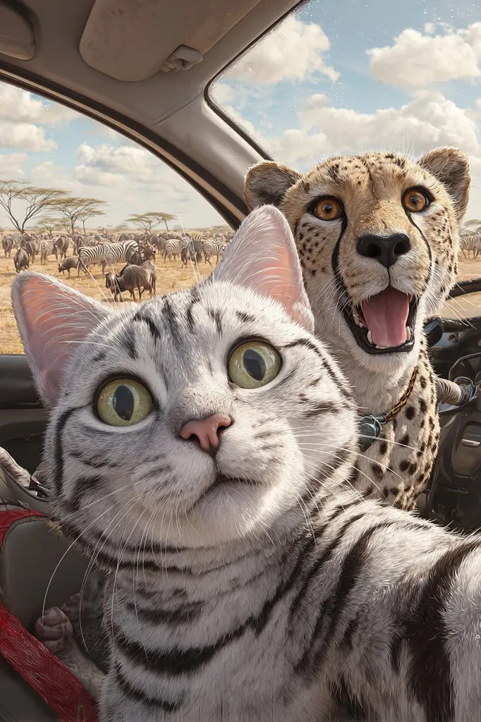 A silver tabby cat and a cheetah are taking a selfie inside a car.  The car's windows show a vast African savanna with a herd of zebras and other animals in the distance.  The cat looks surprised, while the cheetah grins broadly.  The image is a humorous depiction of unlikely companions on a safari adventure.