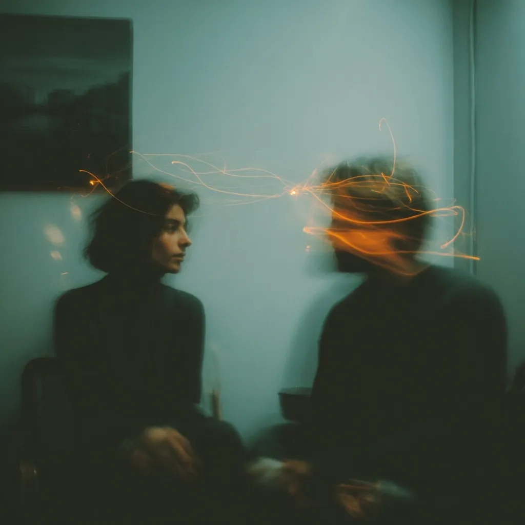 A blurry, dreamlike image depicts two figures, a woman and a man, seemingly connected by streaks of light.  They are dressed in dark clothing, their features softened by the ethereal quality of the photo. The muted teal background and the blurry focus create an atmosphere of mystery and intimacy, suggesting a moment of connection or shared emotion.  The overall effect is evocative and subtly romantic.
