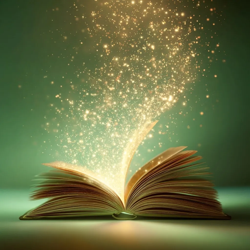 An open book rests on a teal surface, emitting a magical golden sparkle that streams upwards.  The warm light from within the book's pages creates a mystical and enchanting atmosphere.  The image evokes a sense of wonder and the power of knowledge or storytelling.